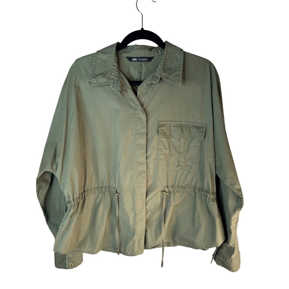 ZARA Womens XL Khaki Green Military Utility Cotton Jacket